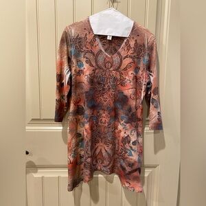 Pretty size large rust and turquoise tunic blouse with sparkle